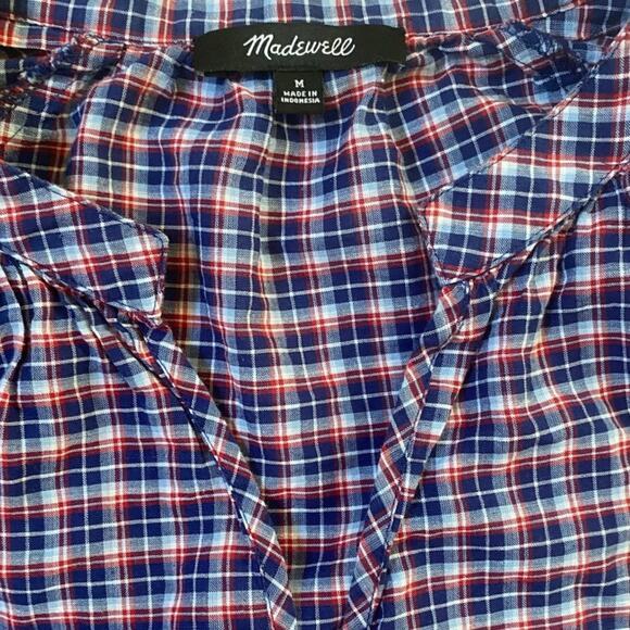 Madewell Blue Red Tie-Sleeve Linen Blend Top in Plaid Size - M - Picture 5 of 9